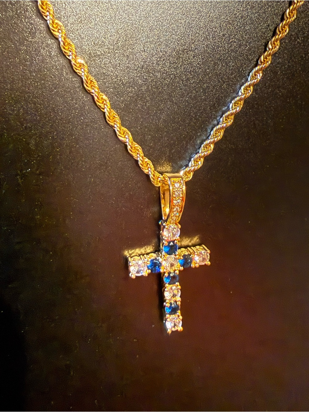 Gold Cross Pendant Necklace with Blue and Clear Stones on Twisted Chain